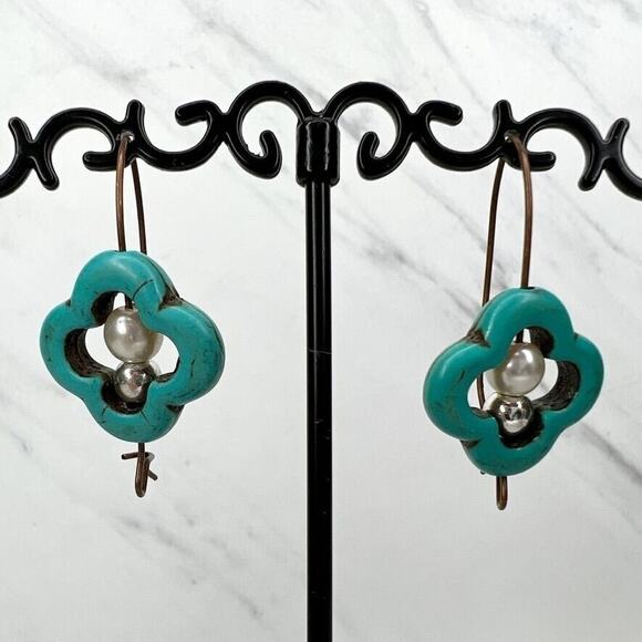 Faux Pearl Faux Turquoise Flower Drop Earrings Pierced Pair - Picture 1 of 4